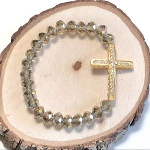 Smokey grey Crystal Gold Rhinestone Cross Beaded Stretch Bracelet